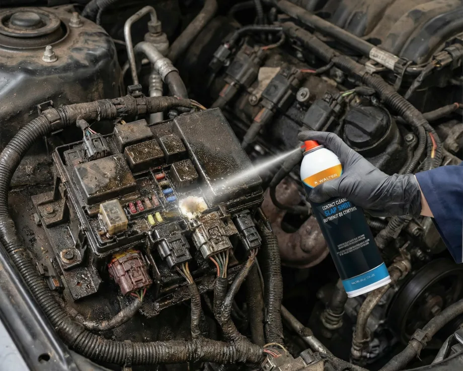 An image of a car engine being sprayed with cleaner.