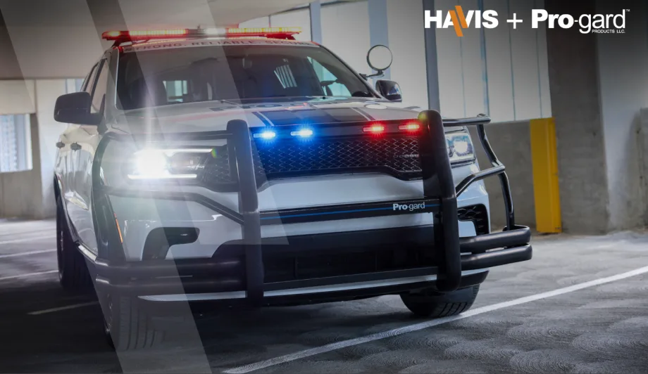 Cop car with the Havis and Pro-gard logo overlay