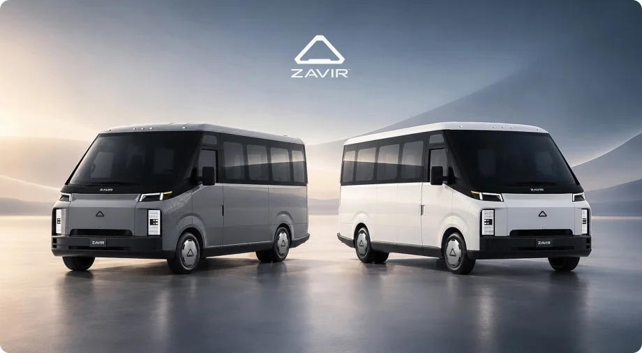 Two buses with a logo above them.