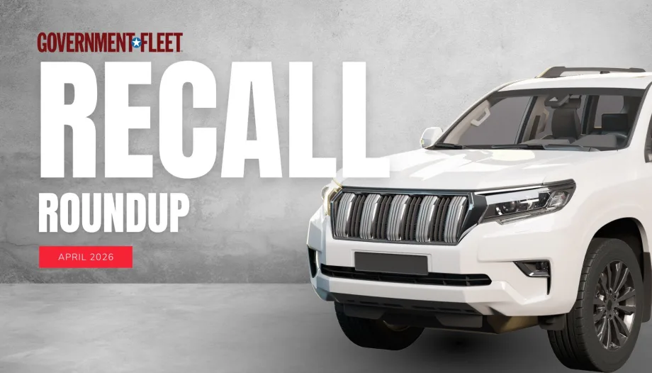 Graphic for Government Fleet’s March 2026 Recall Roundup showing a white SUV and bold text reading “RECALL ROUNDUP” with a red tag labeled “April 2026” on a concrete background.
