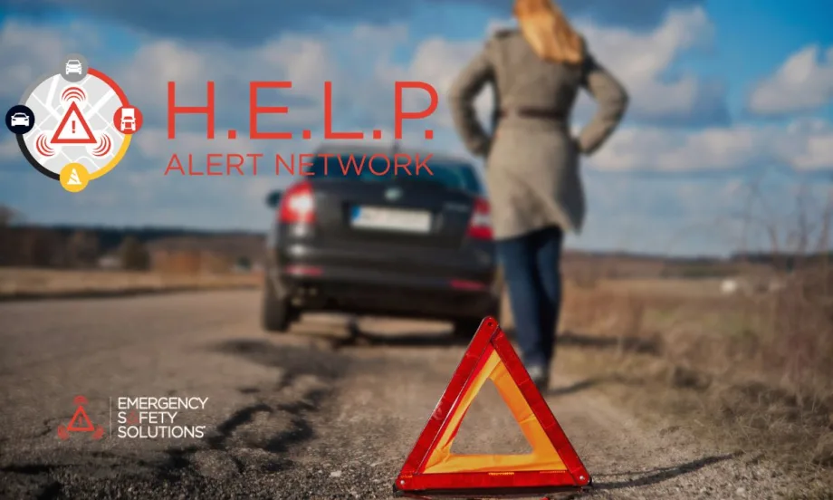 A woman walking toward her disabled car on the side of the road with a roadside alert triangle on the ground.