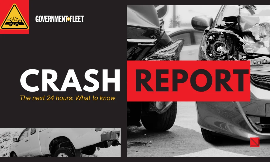A graphic showing a car crash with text 'crash report.'