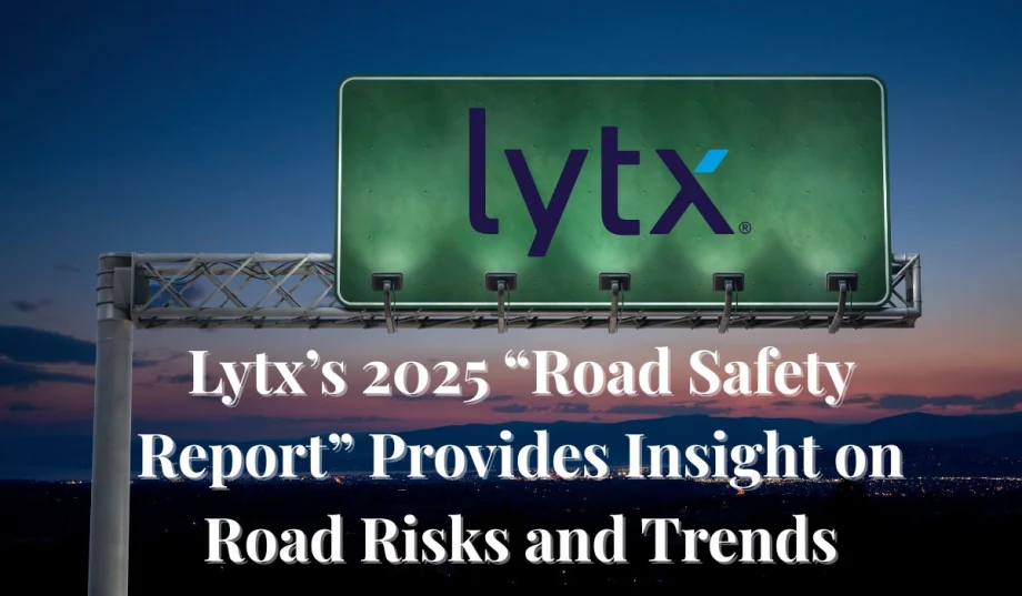 A graphic with the Lytx logo on a high way sign and writing that says "Lytx’s 2025 'Road Safety Report' Provides Insight on Road Risks and Trends” with a sunset skyline in the back.