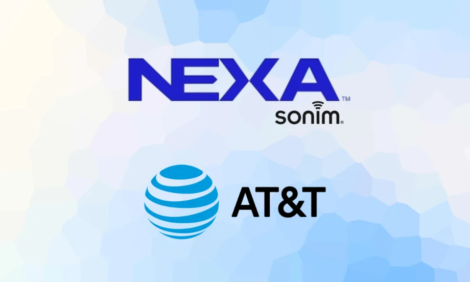 Logos of NEXA, Sonim, and AT&T displayed on a blue background, representing partnership supporting Sonim XP5plus 5G rugged device on 5G and FirstNet networks.