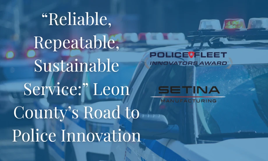 A background of cop cars with the title "Reliable, Repeatable, Sustainable Service: Leon County’s Road to Police Innovation"
