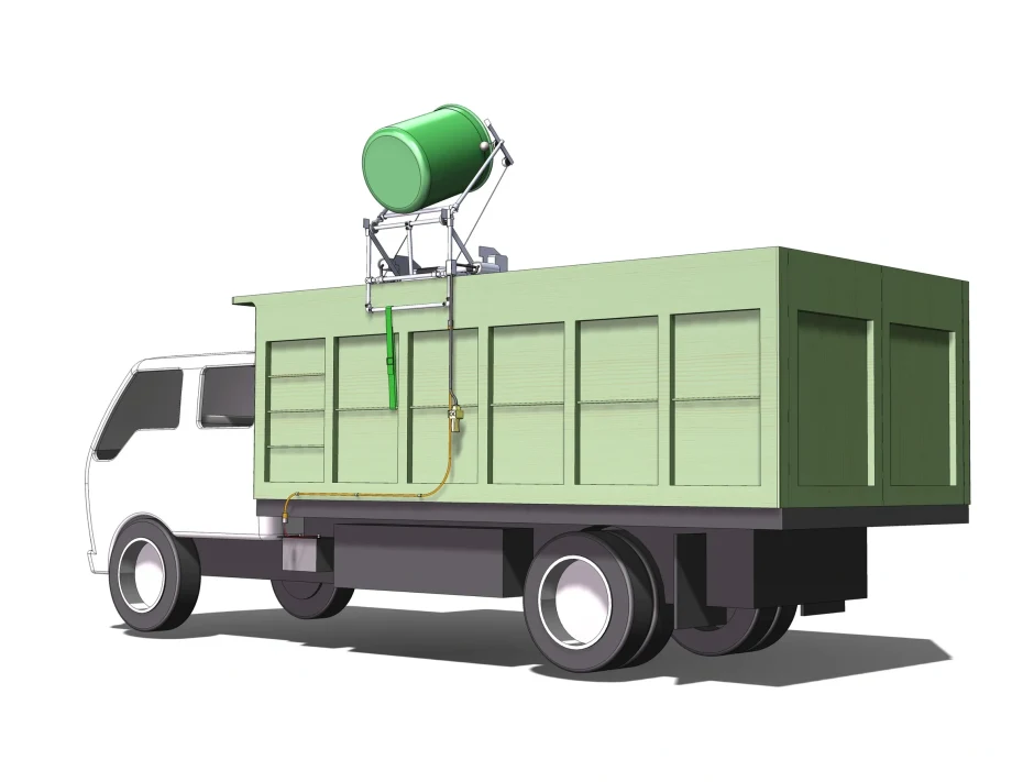 Illustration of the Carry Barrel Lift mounted on a dump truck, designed to lift and dump 60-gallon barrels for landscaping and debris removal operations.