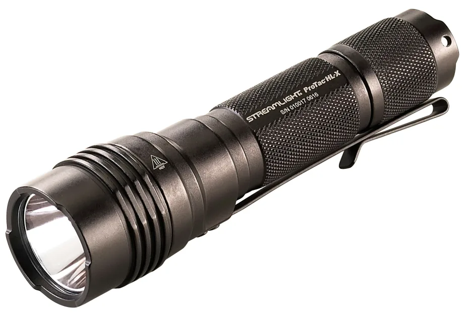 Black tactical LED flashlight with textured grip and bright lens