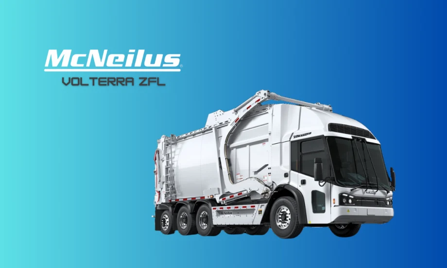 A white McNeilus Volterra ZFL electric front loader is shown against a blue background.