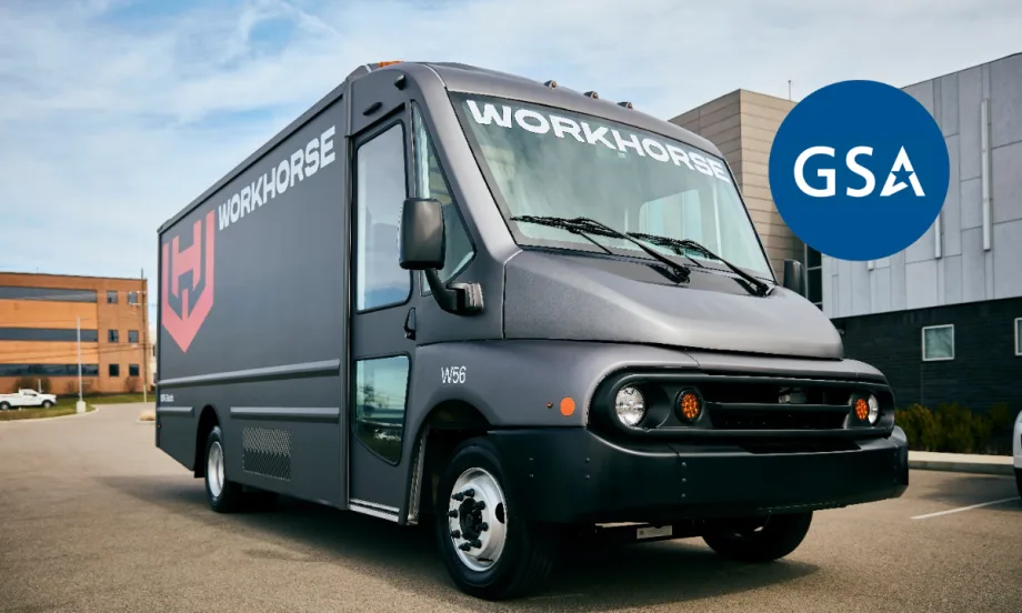 A dark gray Workhorse step van is shown.