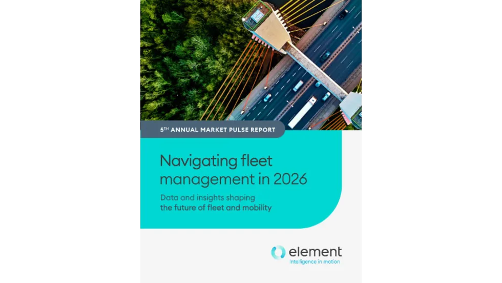 Cover image for the “5th Annual Market Pulse Report” by Element titled “Navigating fleet management in 2026: Data and insights shaping the future of fleet and mobility.” The design features an aerial view of a cable-stayed bridge with vehicles traveling on a highway beside a dense green forest. A teal graphic panel overlays the lower portion of the image, with the Element logo and tagline “Intelligence in motion” at the bottom.