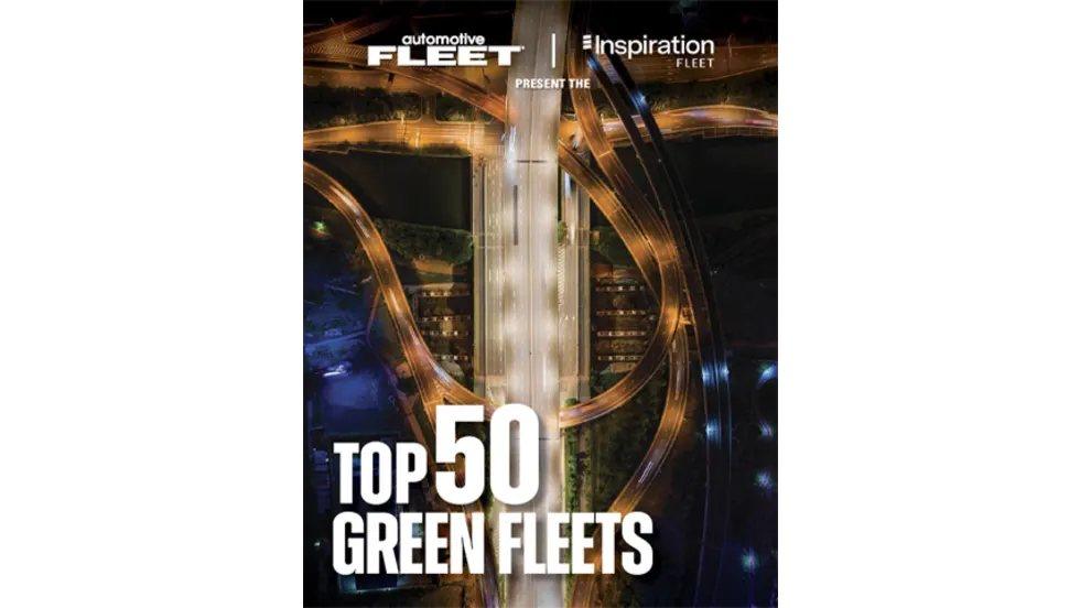 Cover of the "Top 50 Green Fleets" report presented by Automotive Fleet and Inspiration Fleet, featuring an aerial nighttime photo of a lit highway interchange with looping ramps.